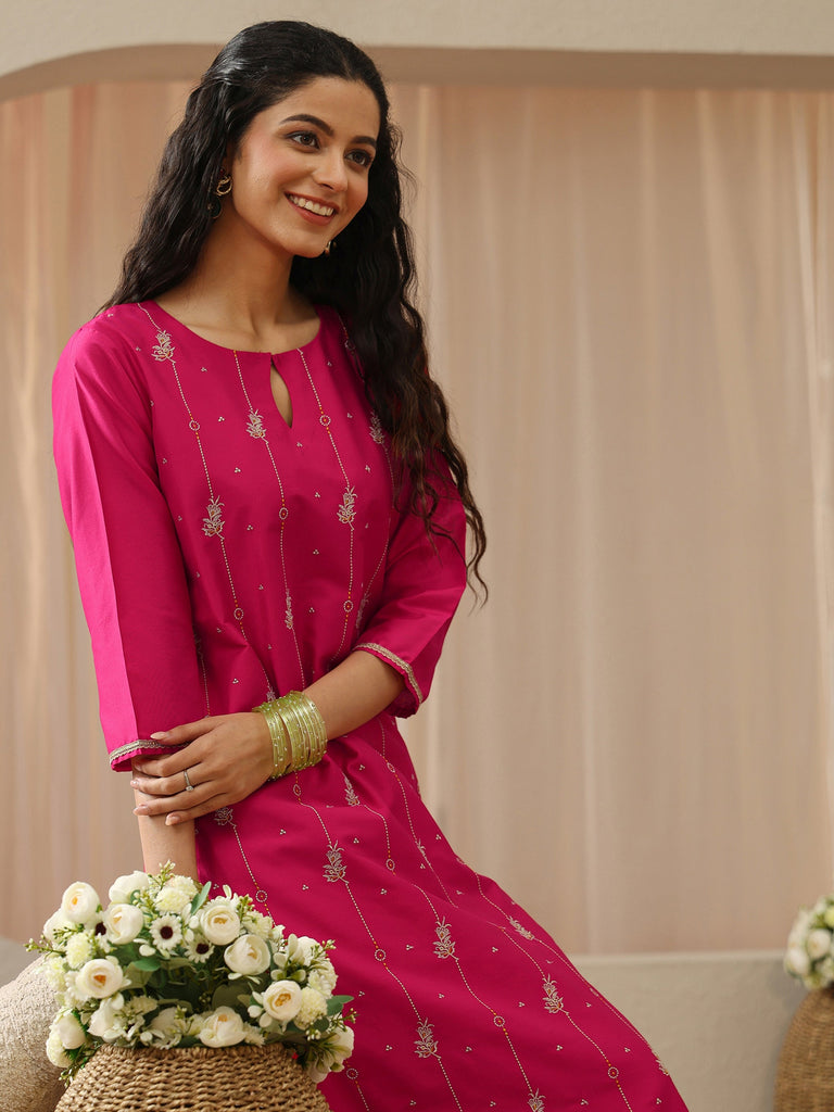 Libas Fuchsia Pink Embroidered Silk Blend Straight Kurta