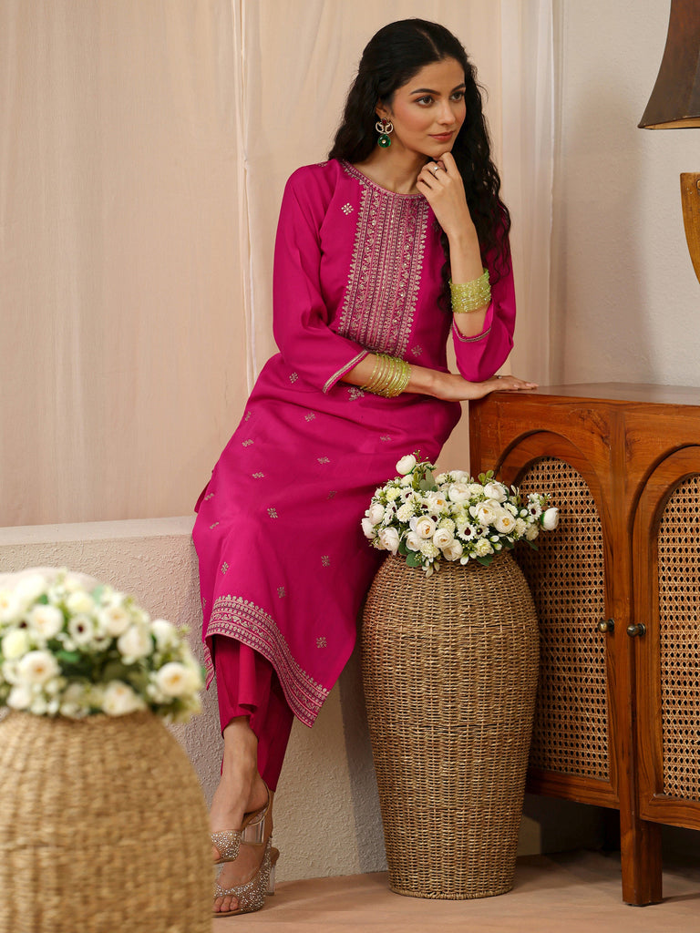 Libas Fuchsia Pink Yoke Design Silk Blend Straight Kurta