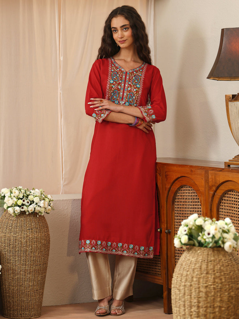 Libas Red Floral Embroidered Silk Blend Straight Kurta
