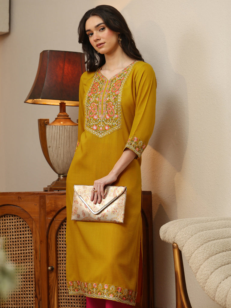 Libas Mustard Floral Embroidered Silk Blend Straight Kurta