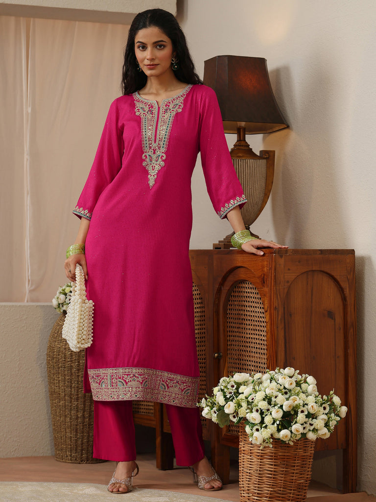 Libas Fuchsia Pink Yoke Design Silk Blend Straight Kurta