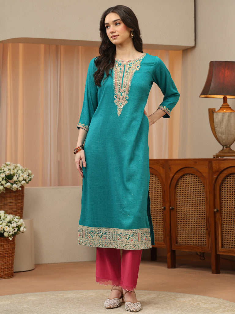 Libas Aqua Blue Yoke Design Silk Blend Straight Kurta