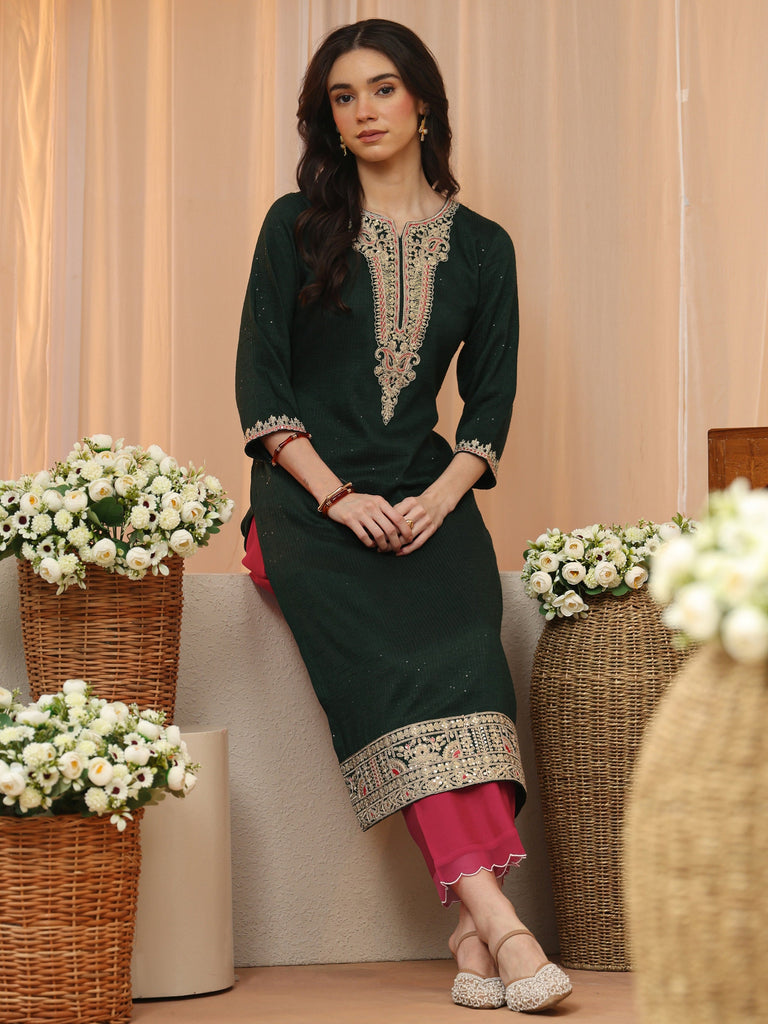 Libas Forest Green Yoke Design Silk Blend Straight Kurta