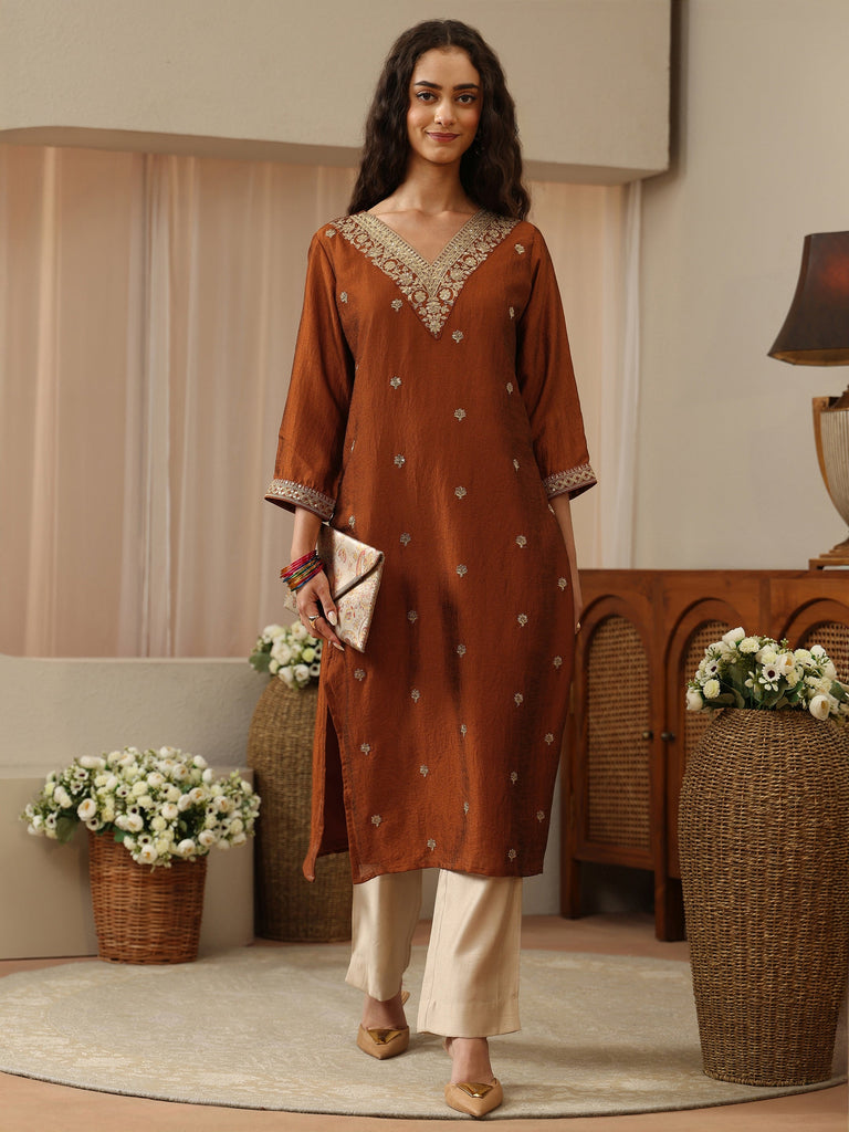 Libas Burnt Orange Floral Embroidered Silk Blend Straight Kurta