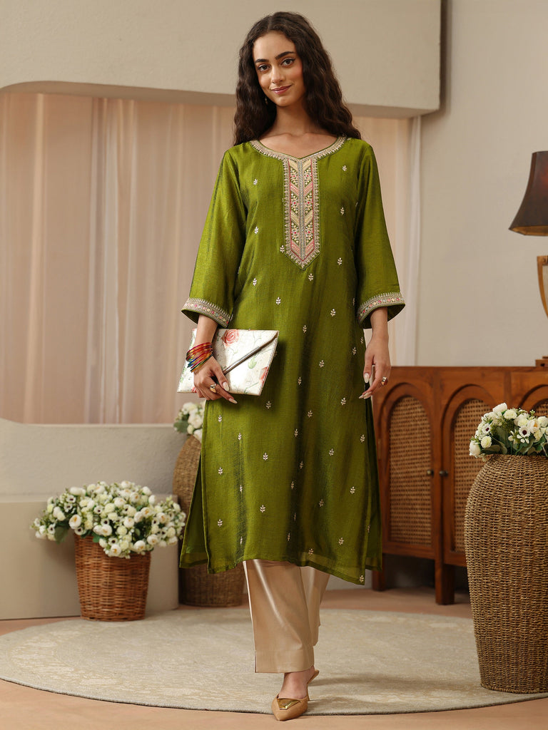 Libas Fern Green Embroidered Silk Blend Straight Kurta
