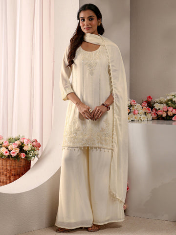 Off White Embellished Chinon Straight Suit Set With Dupatta