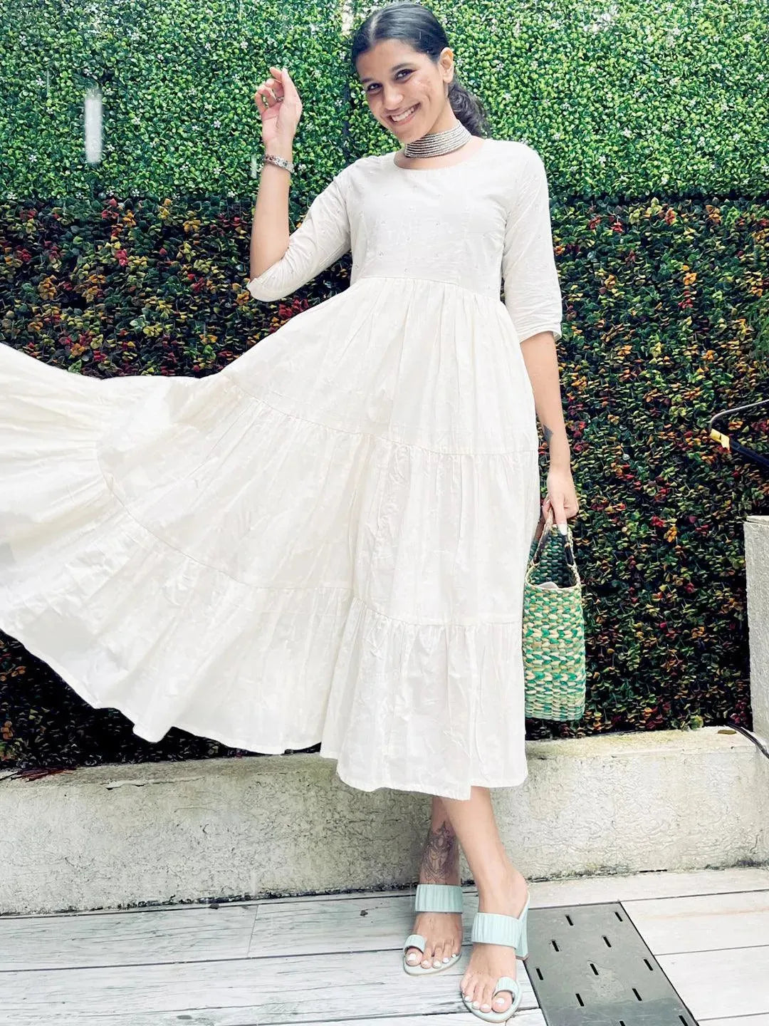 Off White Embellished Cotton Dress - Libas 