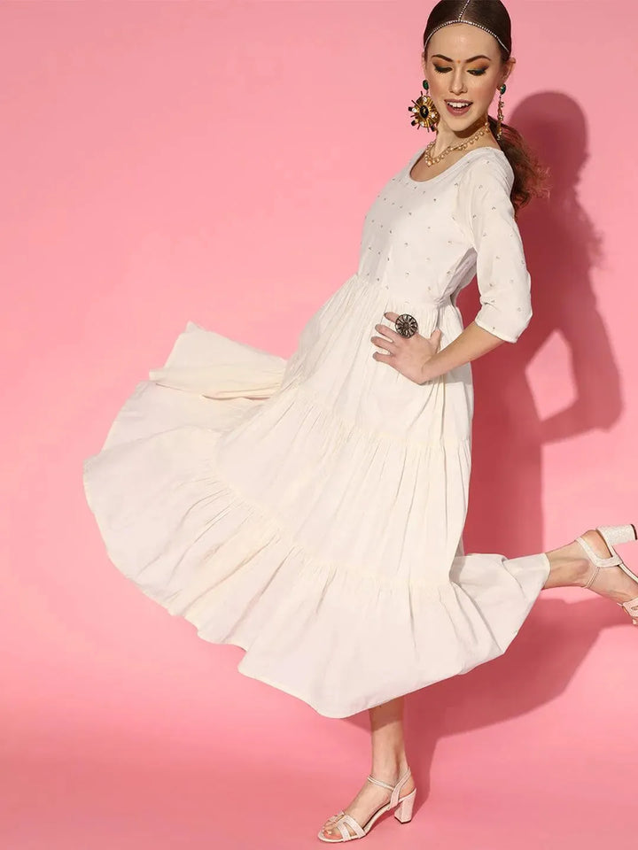 Off White Embellished Cotton Dress - Libas