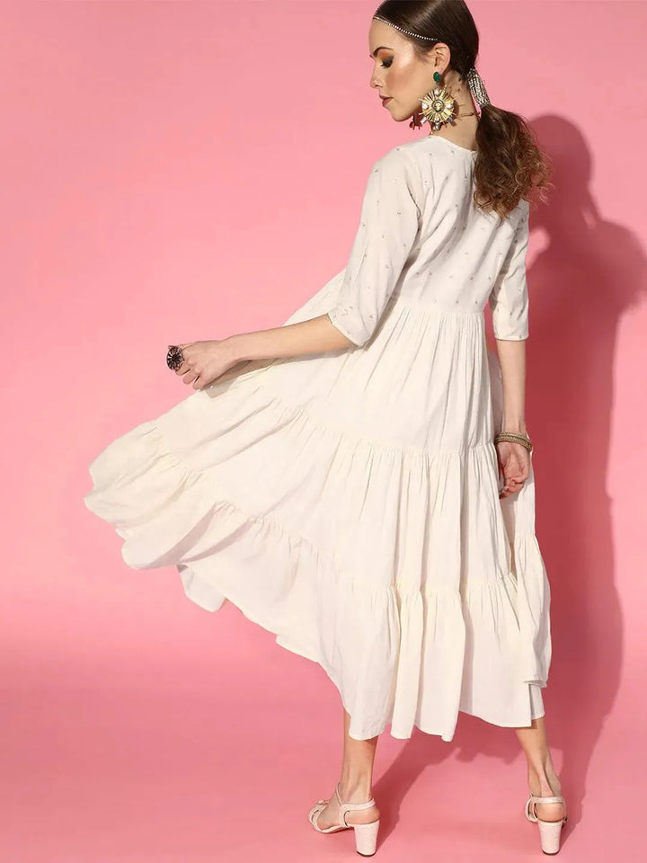 Off White Embellished Cotton Dress - Libas
