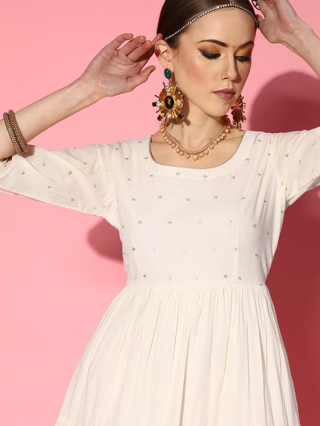Off White Embellished Cotton Dress - Libas