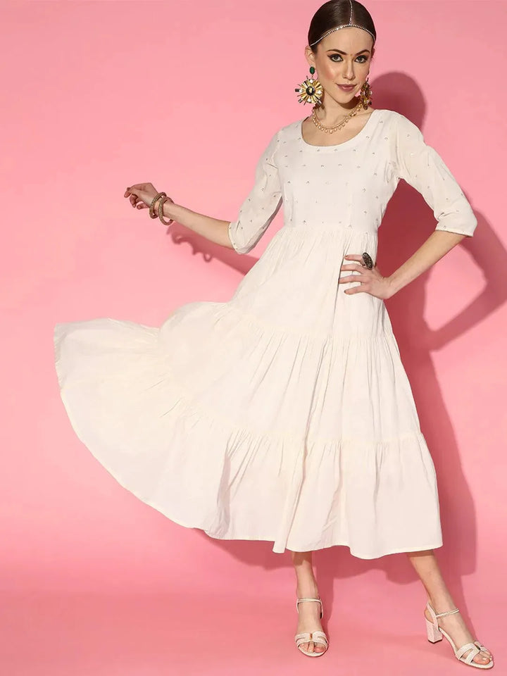 Off White Embellished Cotton Dress - Libas