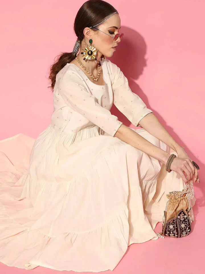 Off White Embellished Cotton Dress - Libas