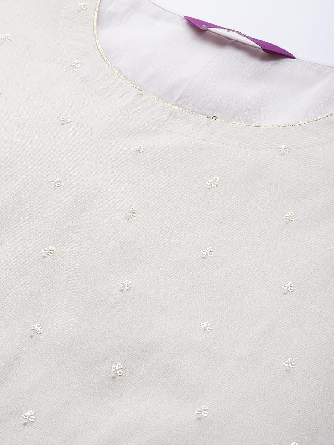 Off White Embellished Cotton Kurta - Libas