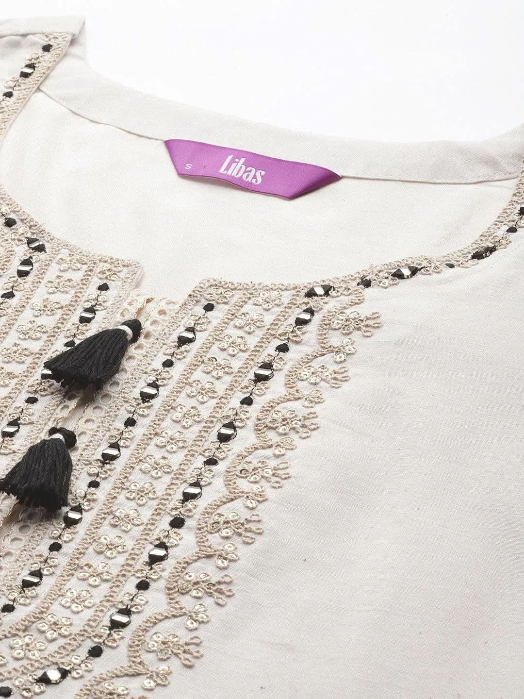 Off White Embellished Cotton Straight Kurta - Libas 