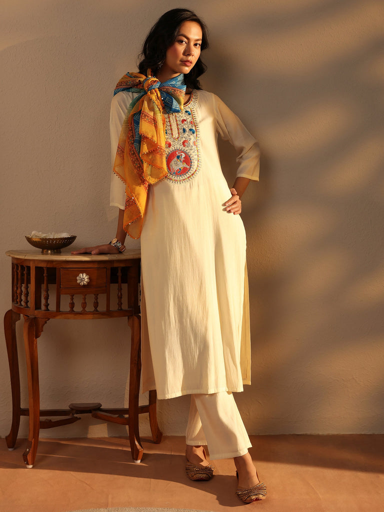 Libas Off White Embroidered Chanderi Silk Straight Suit Set With Dupatta