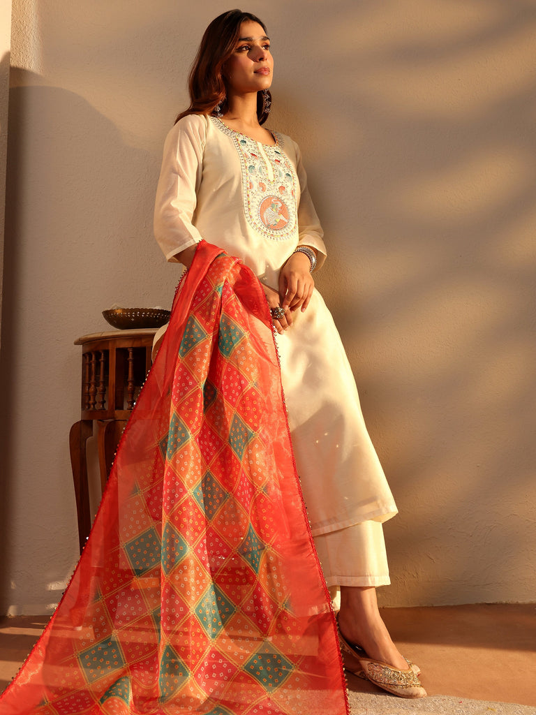 Libas Off White Embroidered Chanderi Silk Straight Suit Set With Dupatta