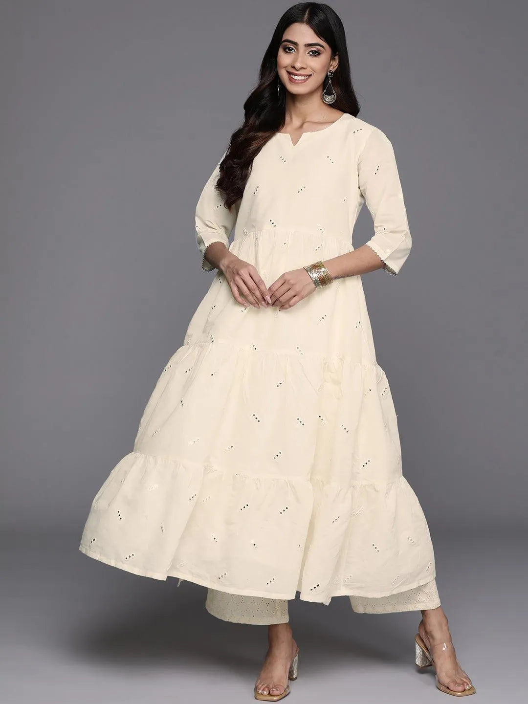 Off White Embroidered Cotton A-Line Kurta - Libas 
