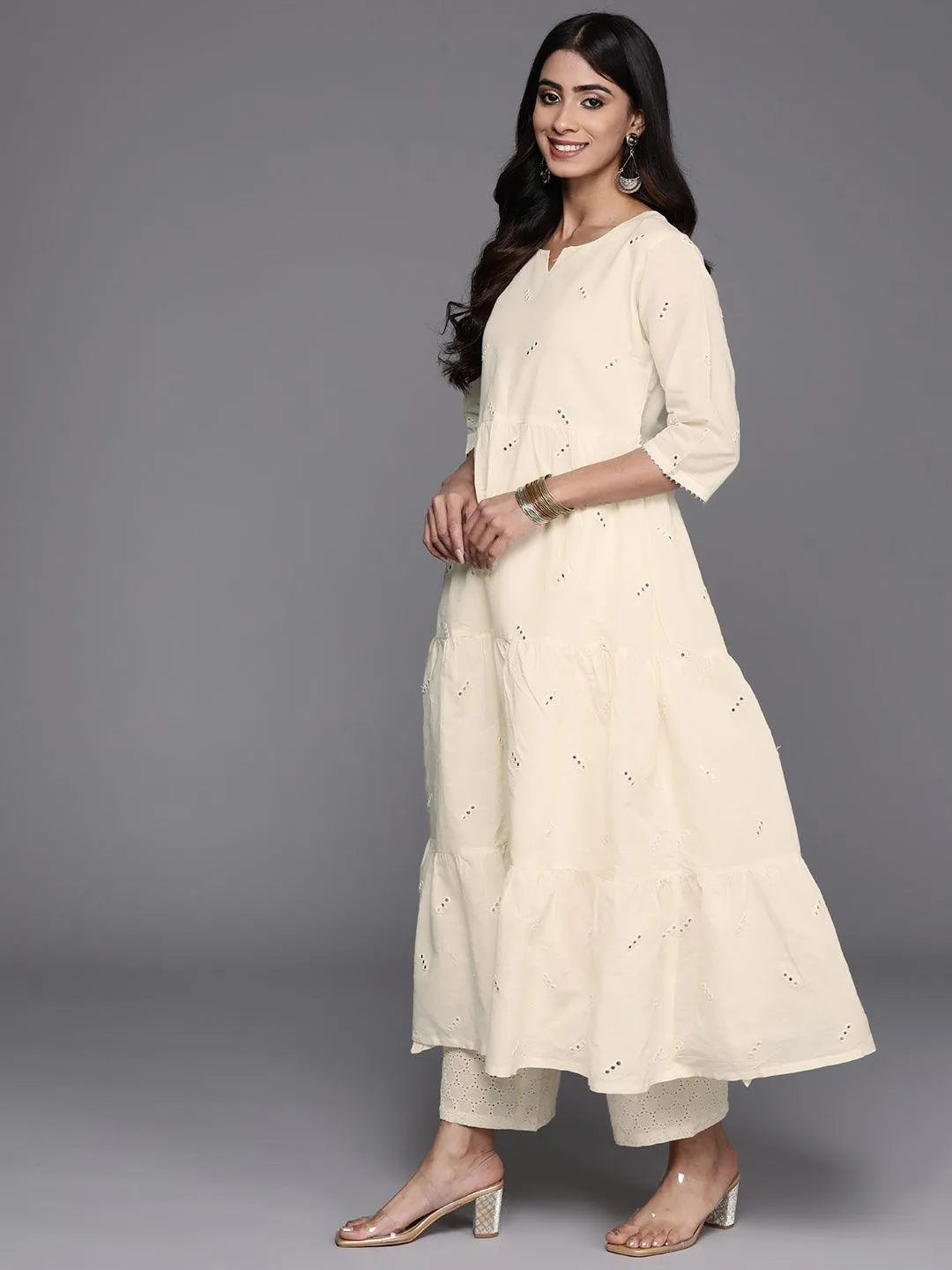 Off White Embroidered Cotton A-Line Kurta - Libas 