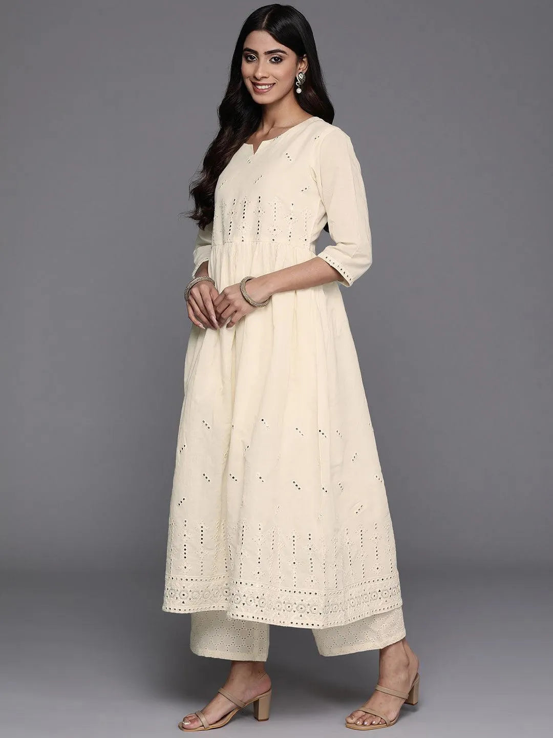 Off White Embroidered Cotton A-Line Kurta - Libas 