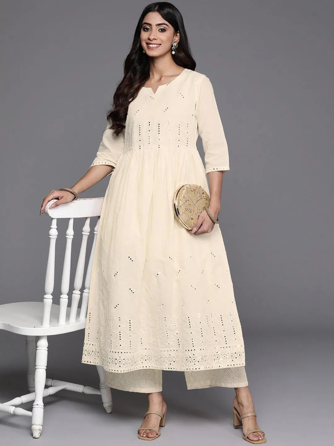 Off White Embroidered Cotton A-Line Kurta - Libas 