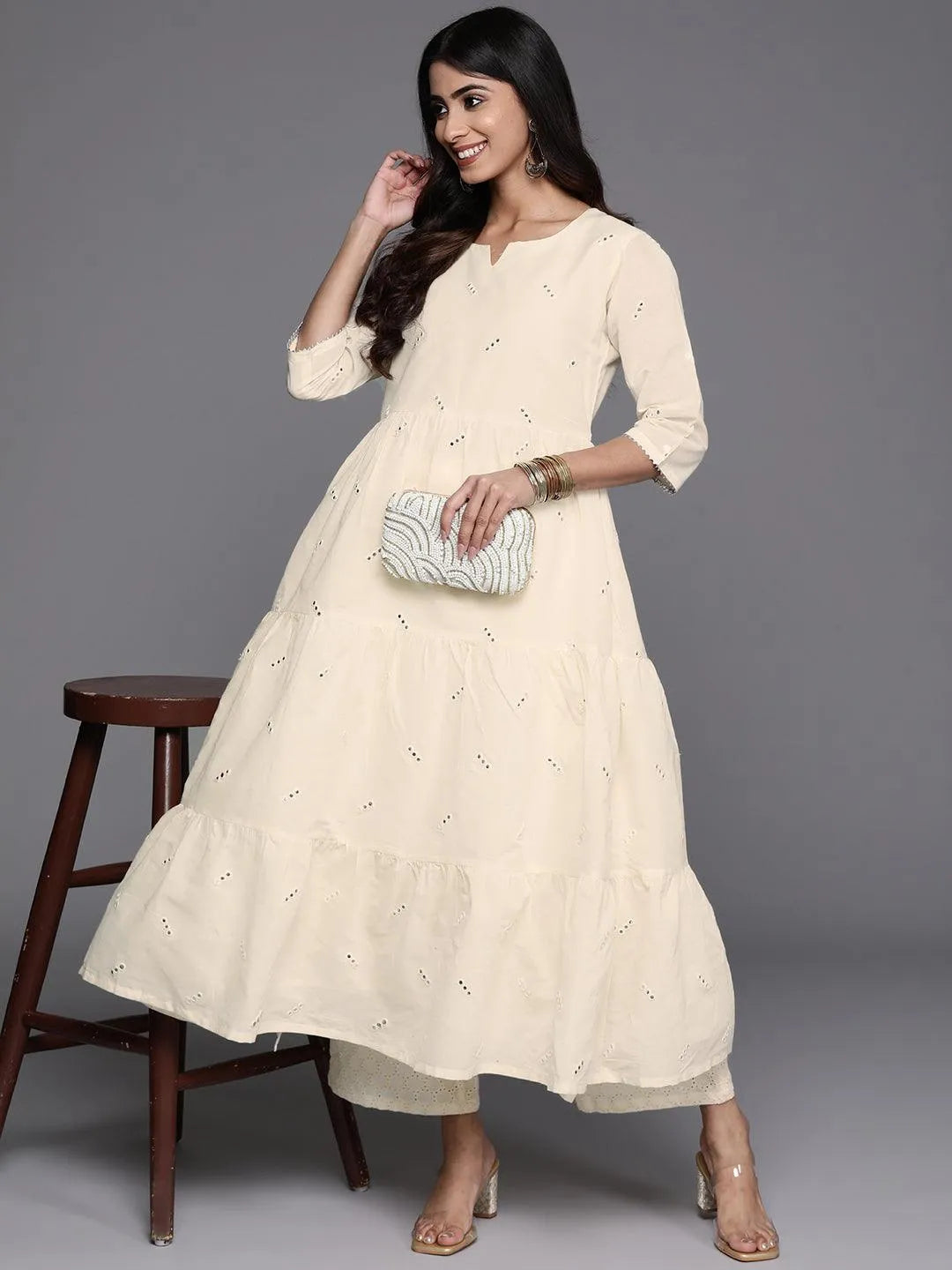 Off White Embroidered Cotton A-Line Kurta - Libas 