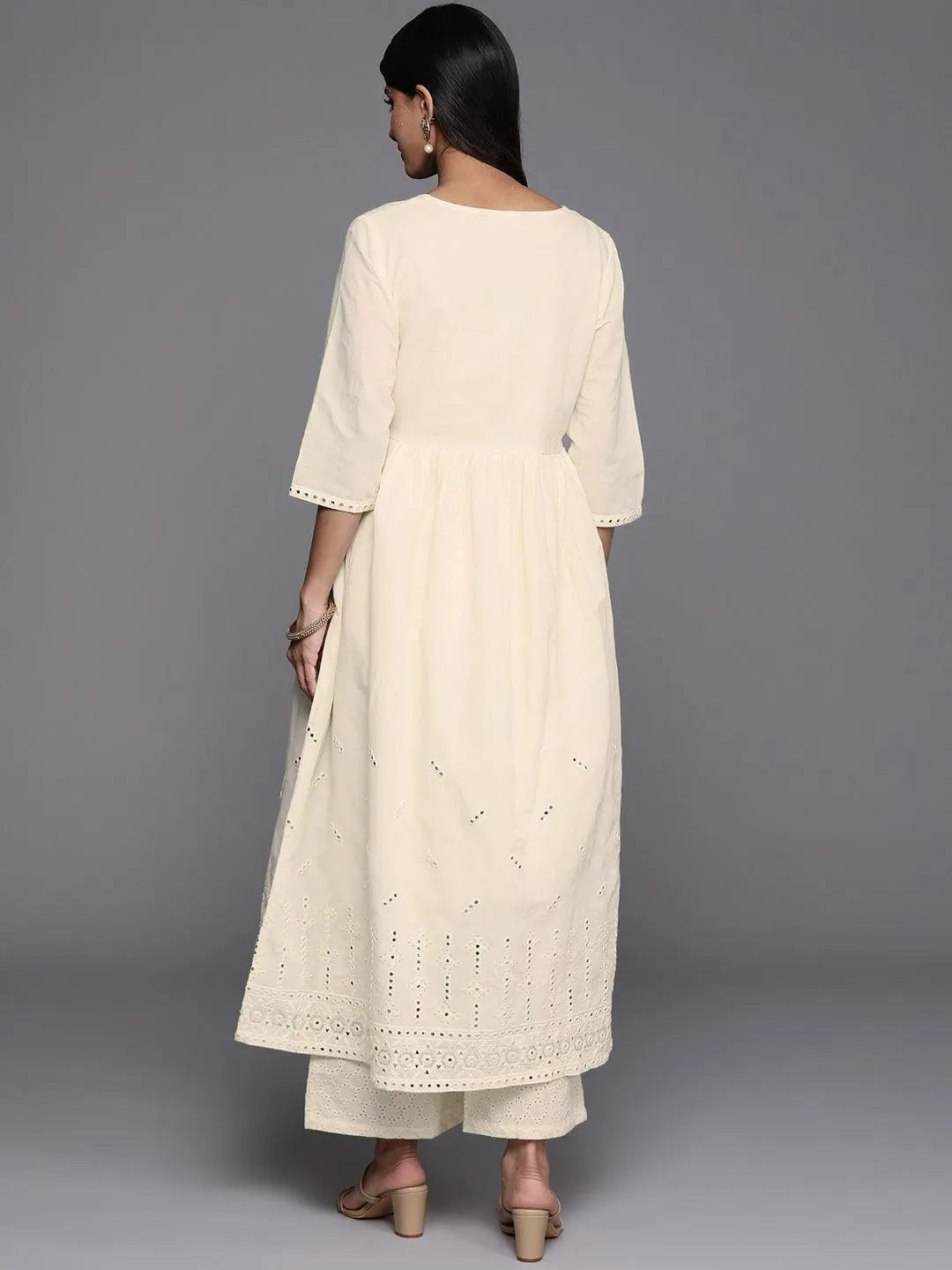 Off White Embroidered Cotton A-Line Kurta - Libas 