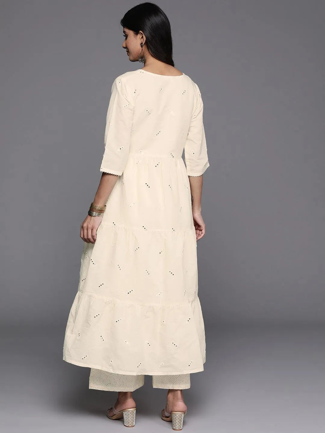 Off White Embroidered Cotton A-Line Kurta - Libas 