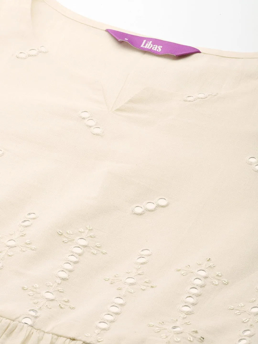 Off White Embroidered Cotton A-Line Kurta - Libas 
