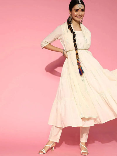 Off White Embroidered Cotton Suit Set - Libas