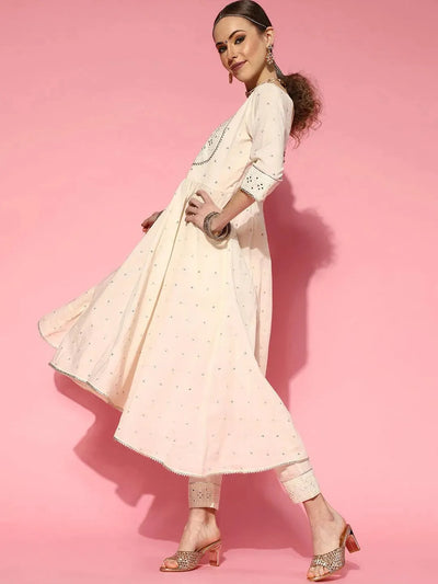 Off White Embroidered Cotton Suit Set - Libas