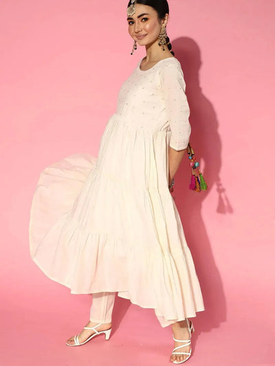 Off White Embroidered Cotton Suit Set - Libas