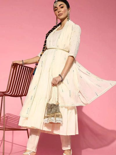 Off White Embroidered Cotton Suit Set - Libas