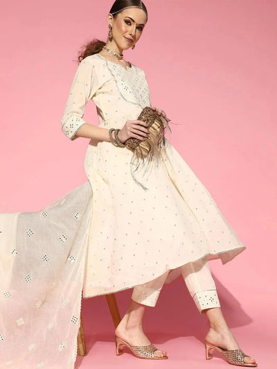 Off White Embroidered Cotton Suit Set - Libas