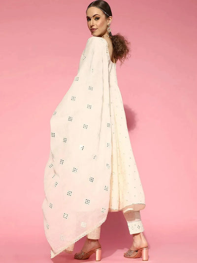 Off White Embroidered Cotton Suit Set - Libas