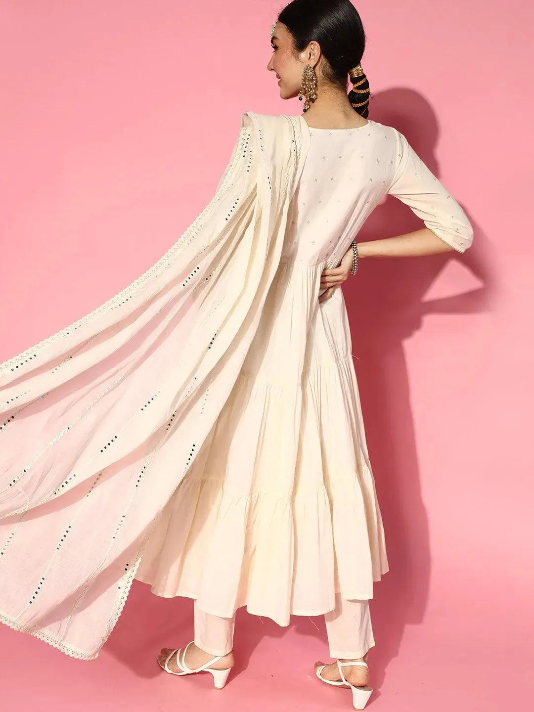 Off White Embroidered Cotton Suit Set - Libas