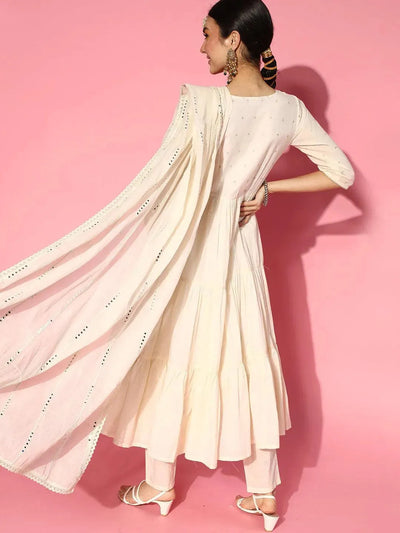 Off White Embroidered Cotton Suit Set - Libas