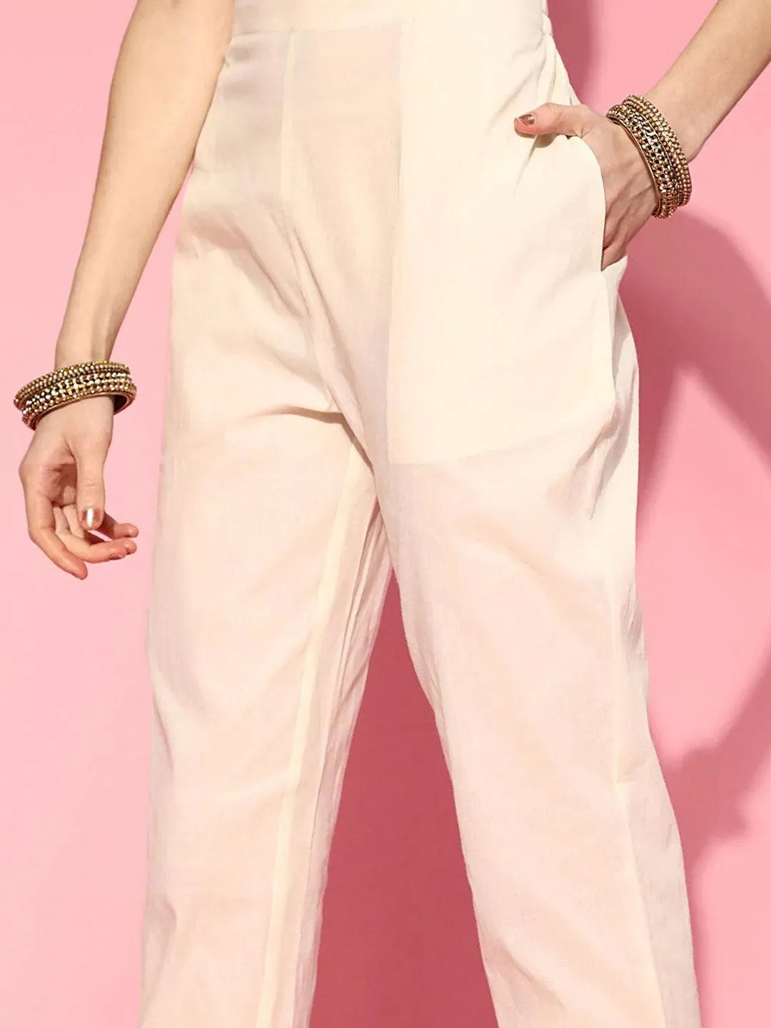 Off White Embroidered Cotton Suit Set - Libas