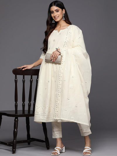 Off White Embroidered Cotton Anarkali Suit Set With Trousers - Libas