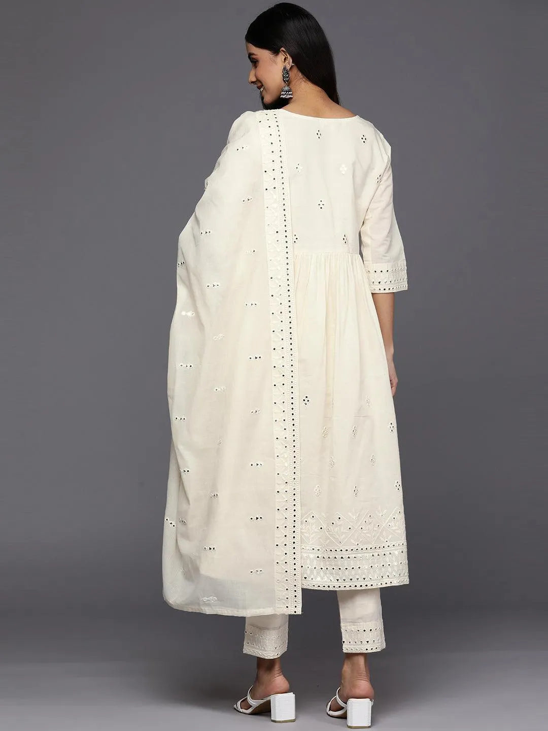 Off White Embroidered Cotton Anarkali Suit Set With Trousers - Libas 