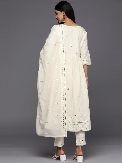 Off White Embroidered Cotton Anarkali Suit Set With Trousers - Libas