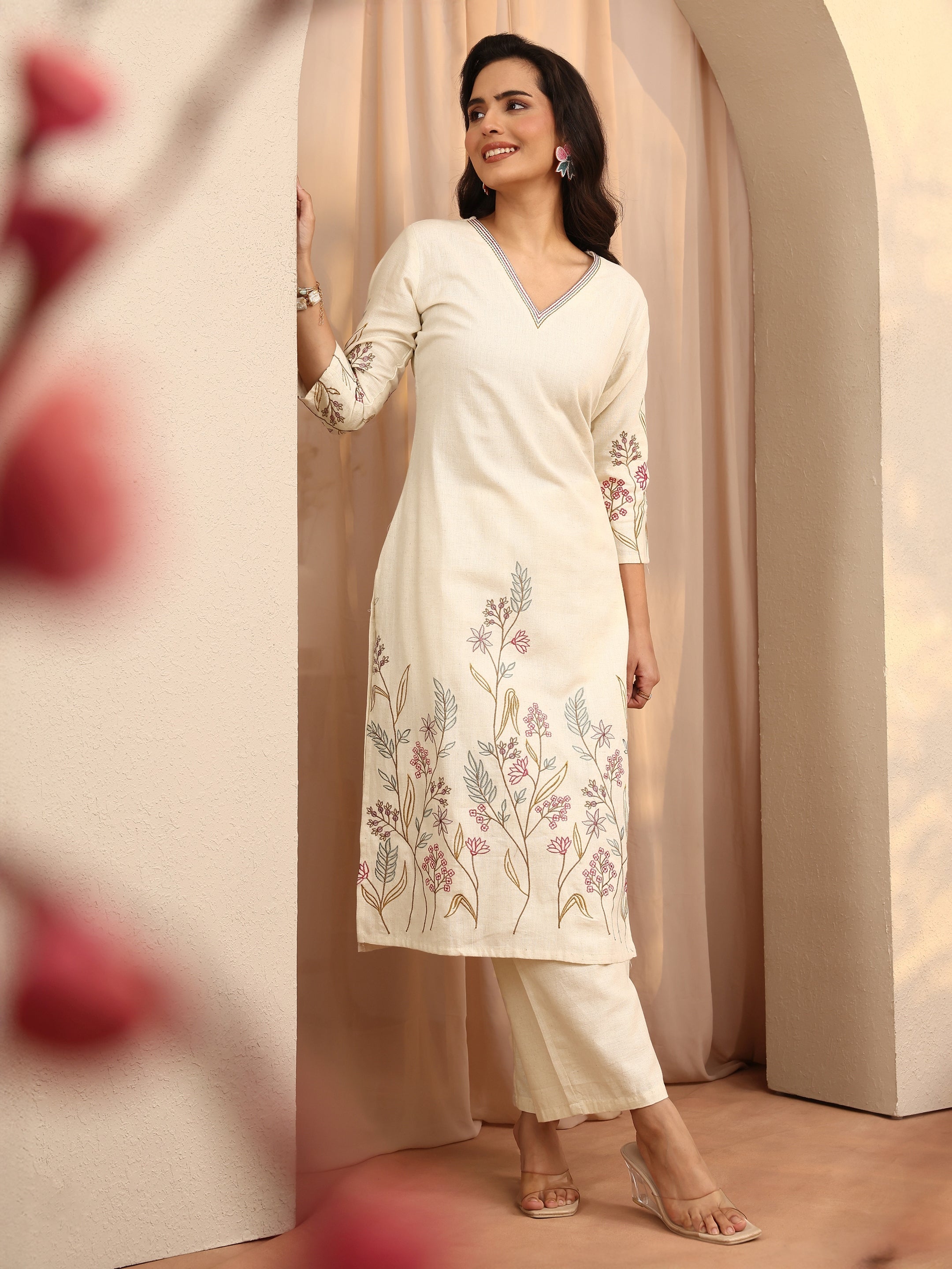 libas Off White Embroidered Cotton Blend Straight Kurta Set-picture-30