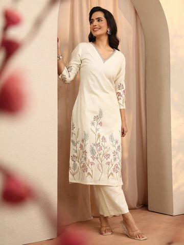 Off White Embroidered Cotton Blend Straight Kurta Set