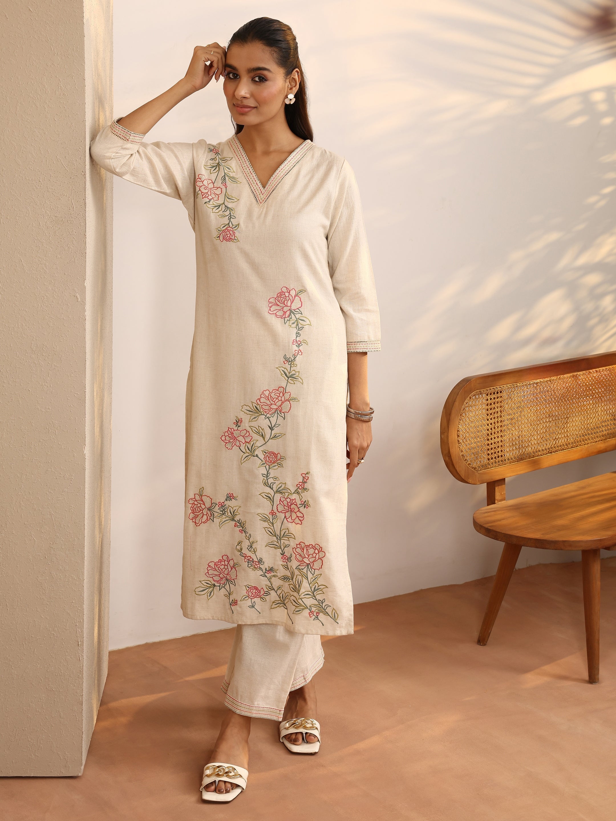 libas Off White Floral Embroidered Cotton Blend Straight Kurta Set-picture-67