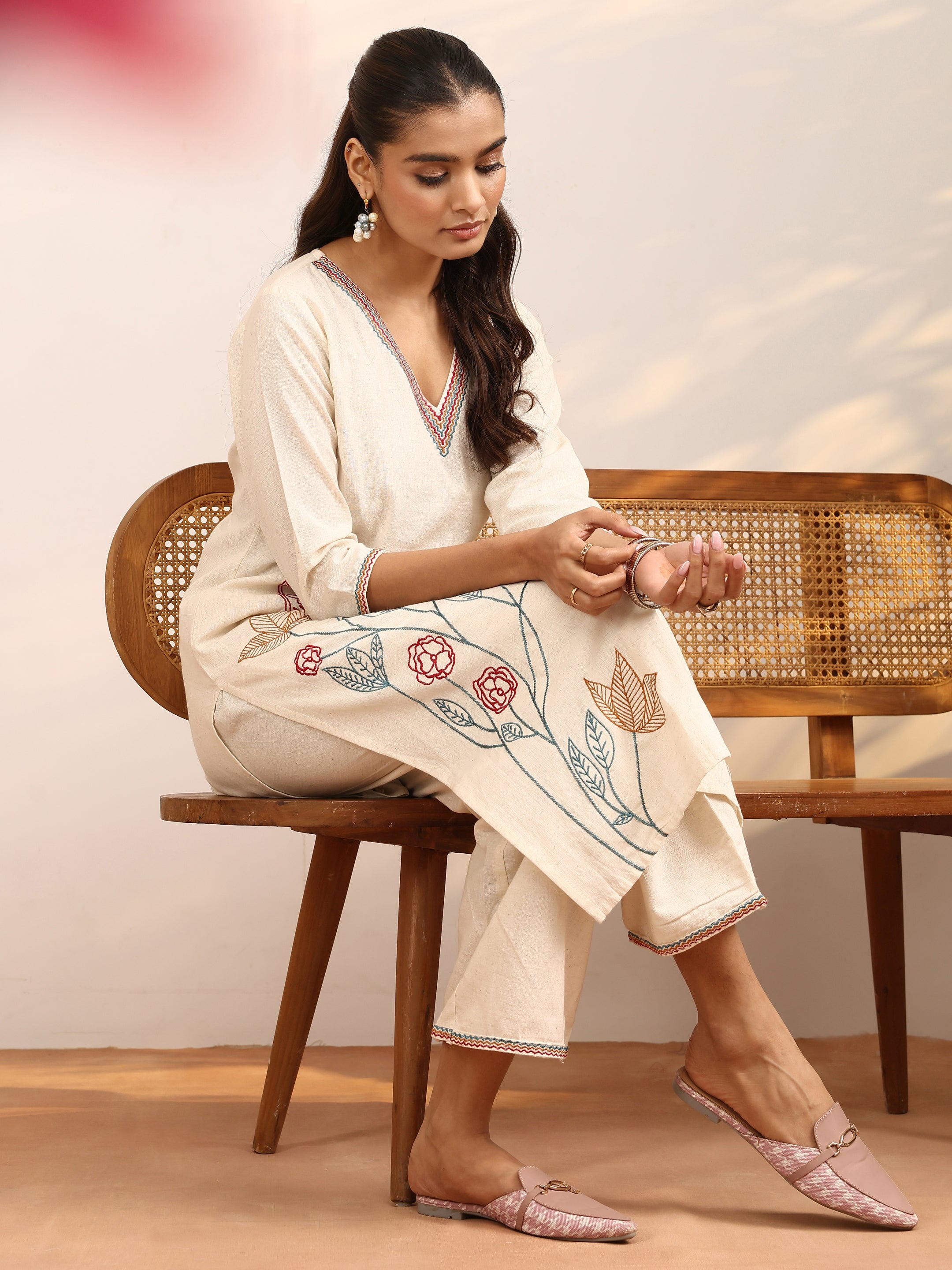 libas Off White Embroidered Cotton Blend Straight Kurta Set-picture-42