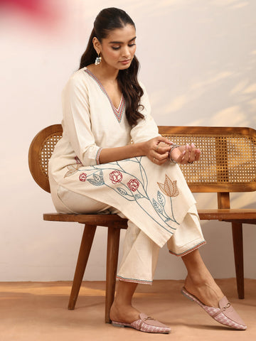 Off White Embroidered Cotton Blend Straight Kurta Set