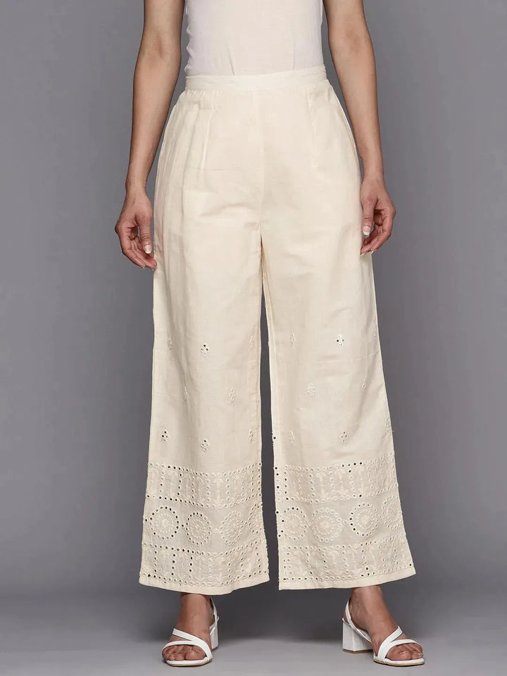 Off White Embroidered Cotton Palazzos - Libas