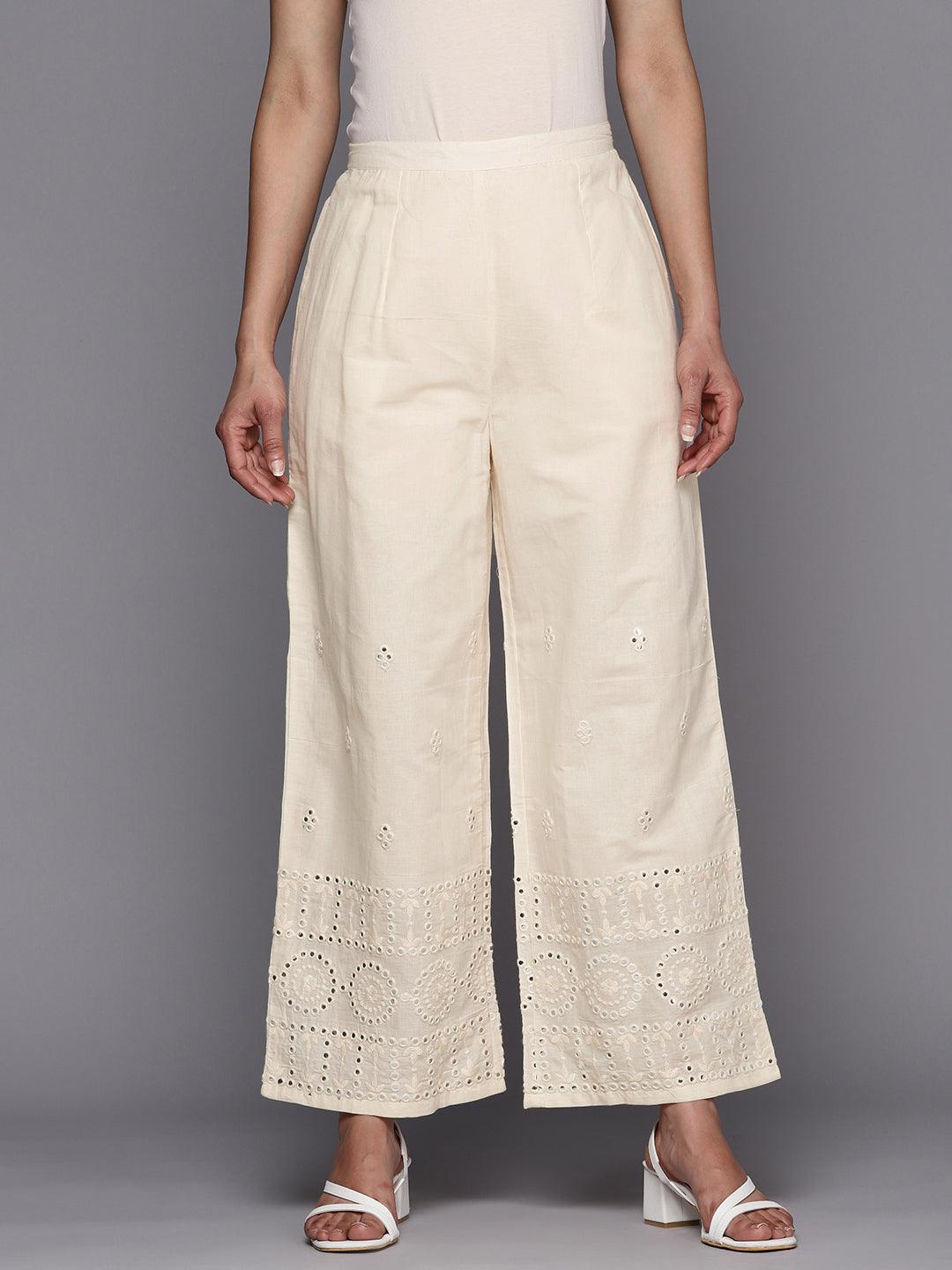 Off White Embroidered Cotton Palazzos - Libas