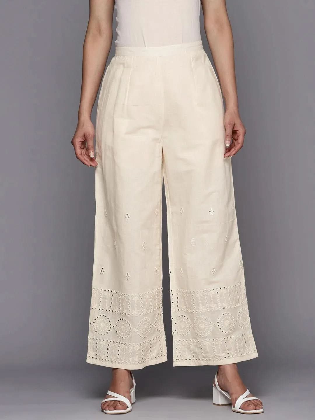 

Off White Embroidered Cotton Palazzos