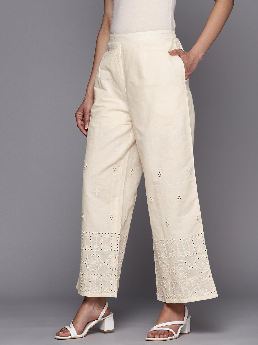 Off White Embroidered Cotton Palazzos