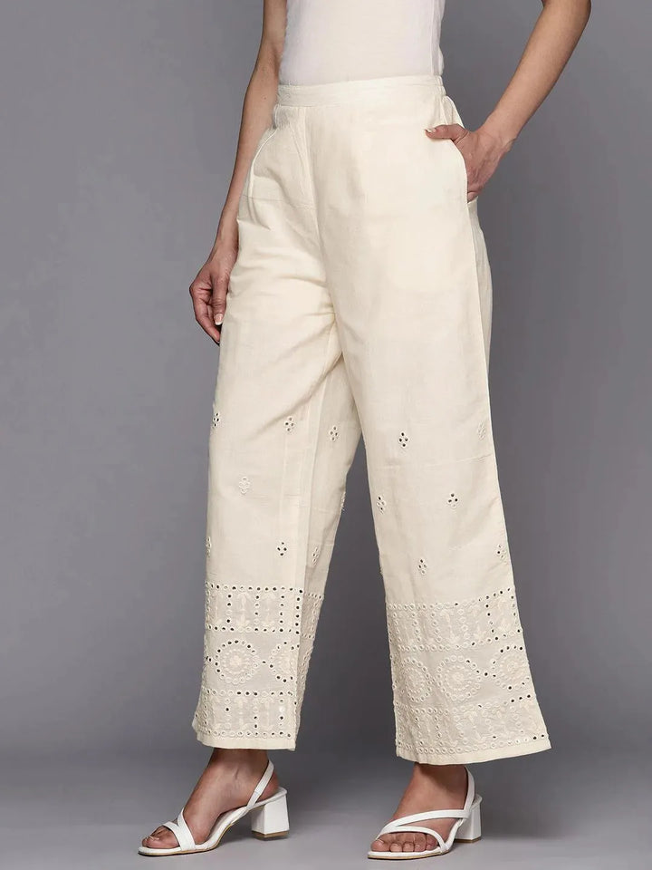 Off White Embroidered Cotton Palazzos - Libas